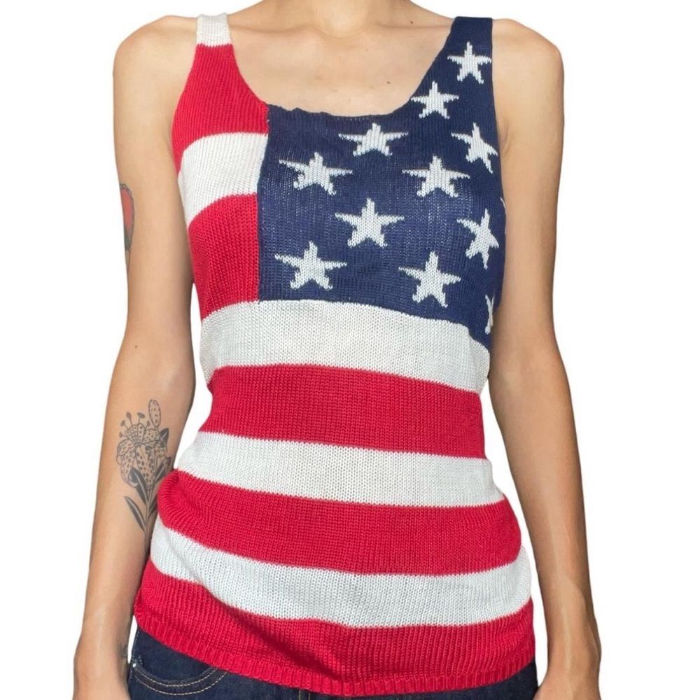 Cloud chaser American Flag Knit Tank Top with Mesh Overlay White/Red/Blue Sz.M